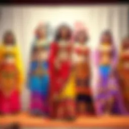 A vivid display of traditional belly dancing costumes showcasing intricate beadwork and vibrant colors