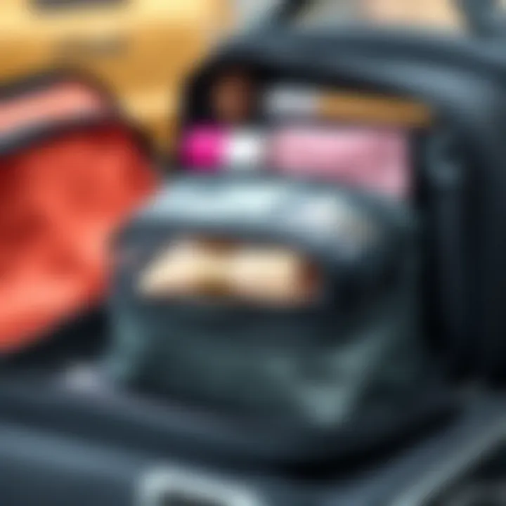 Travel-friendly makeup bag folded compactly in a suitcase
