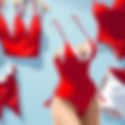Elegant display of red and white bathing suit designs