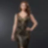 Elegant plus size black and gold cocktail dress on a stylish mannequin