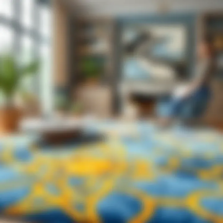 Blue and gold area rug complementing contemporary interior design