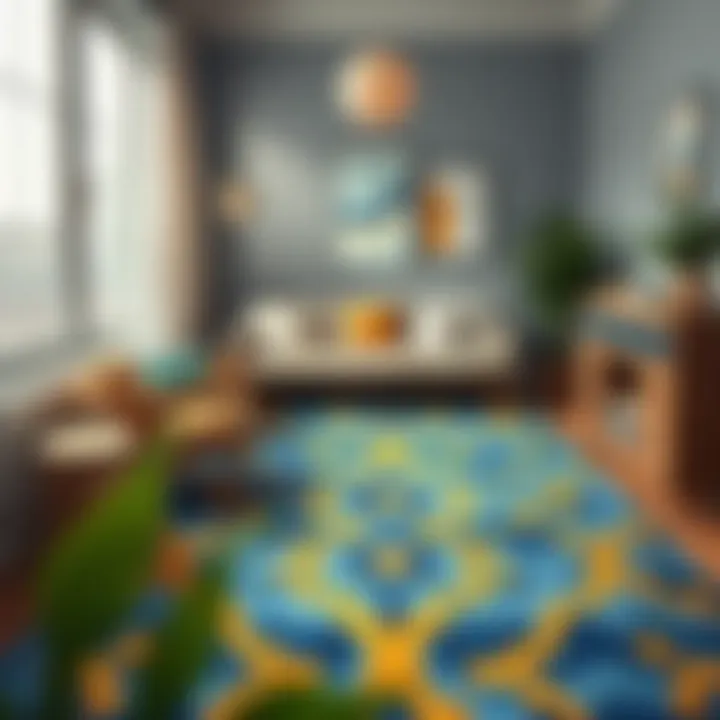 A cozy reading nook featuring a blue and gold area rug