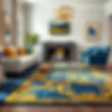 Elegant blue and gold area rug in a stylish living room
