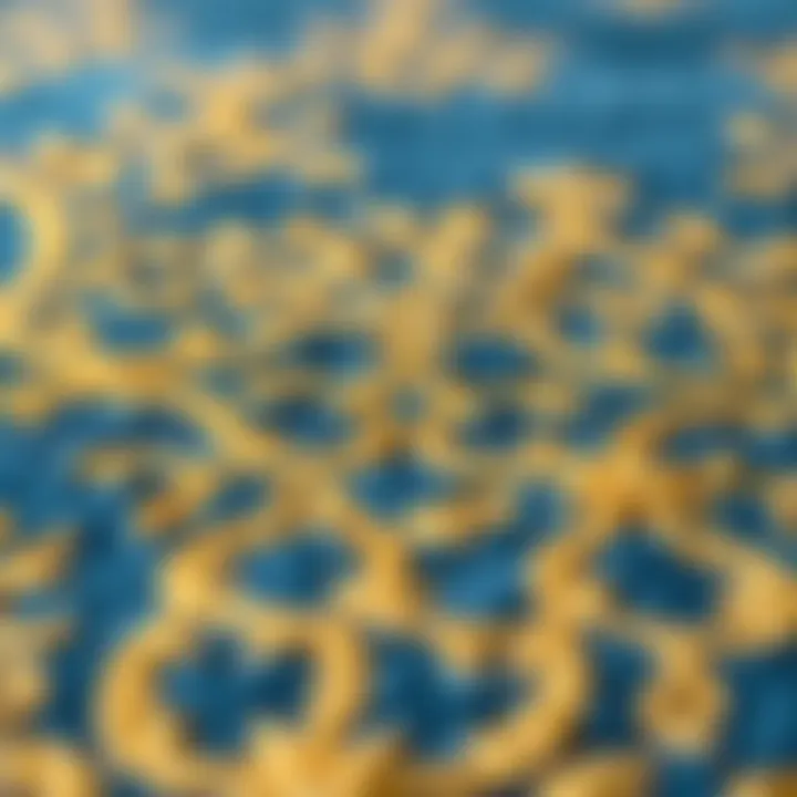 Close-up of intricate patterns on a blue and gold area rug