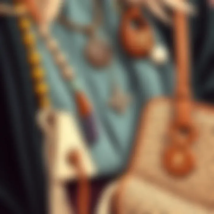 A close-up of bohemian accessories including jewelry and bags