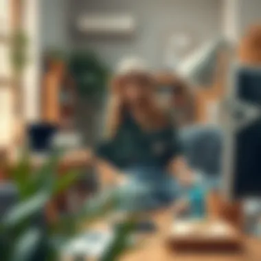 A modern workspace showcasing bohemian decor and attire