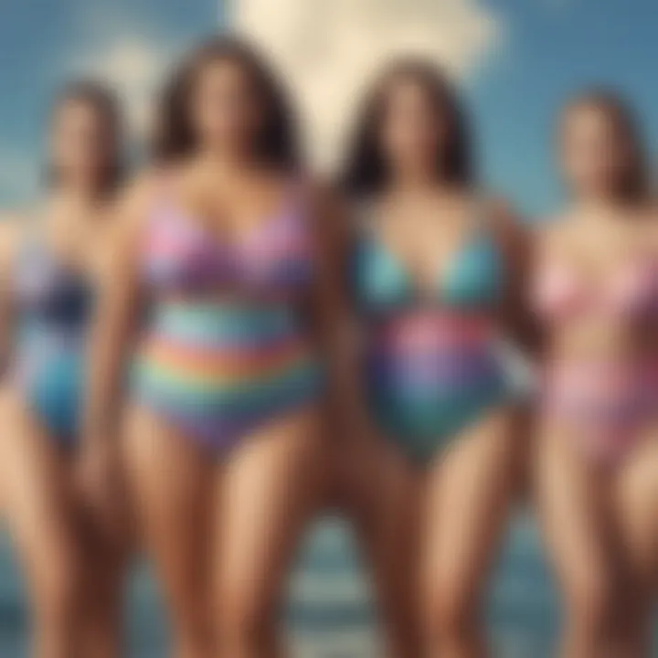 Diverse designs of low cut plus size swimsuits displayed