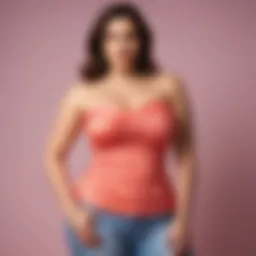 A vibrant plus size strapless top displayed on a mannequin against a summer backdrop.