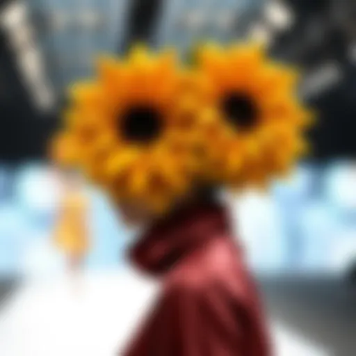Elegant silk sunflower head accessory showcased on a fashion runway
