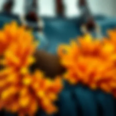 Close-up of silk sunflower heads used in a luxury handbag design