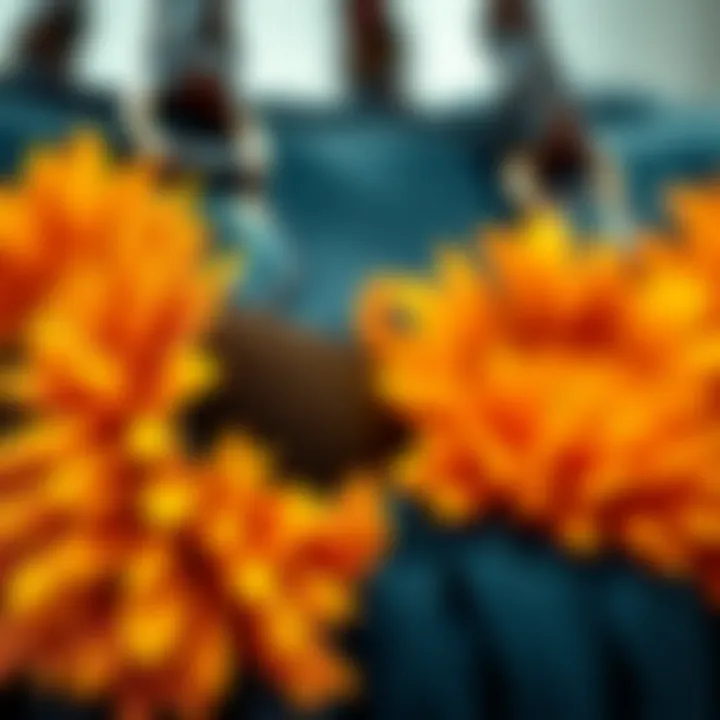 Close-up of silk sunflower heads used in a luxury handbag design