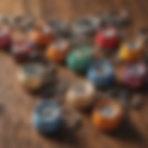 An assortment of vibrant mini cup keychains displayed on a rustic wooden surface, showcasing various designs and colors.