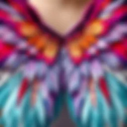A close-up view of intricately designed feather wings showcasing vibrant colors and delicate patterns.