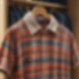 A stylish checkered polo shirt displayed on a wooden hanger, showcasing its intricate pattern and fabric texture.