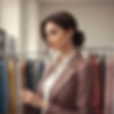 A woman thoughtfully selecting outfits that reflect her personal identity.