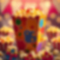 A vibrant popcorn party favor box adorned with colorful designs