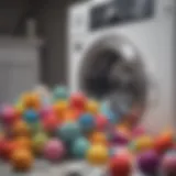 Colorful fabric dryer balls in a clean laundry basket