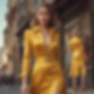 Stylish outfit composed of mustard yellow satin dress with accessories