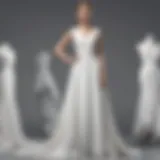 Elegant white dress with detachable train displayed on a mannequin