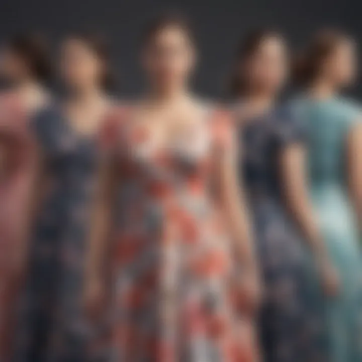 Group of diverse floral dress styles on display