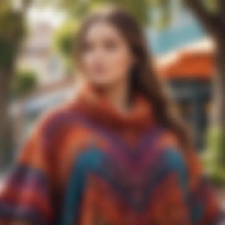 A vibrant poncho displayed in a cozy outdoor setting, illustrating comfort and style.