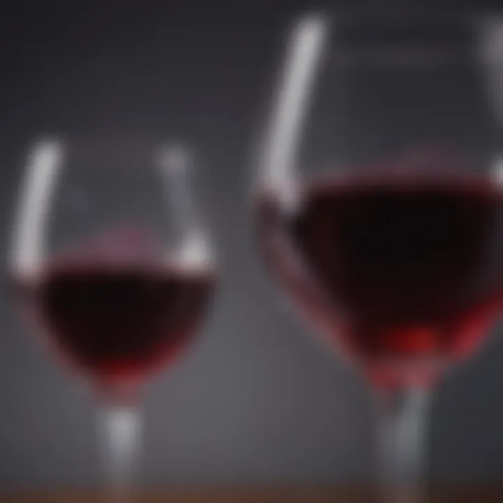 Close-up of a hexagon wine glass filled with rich red wine