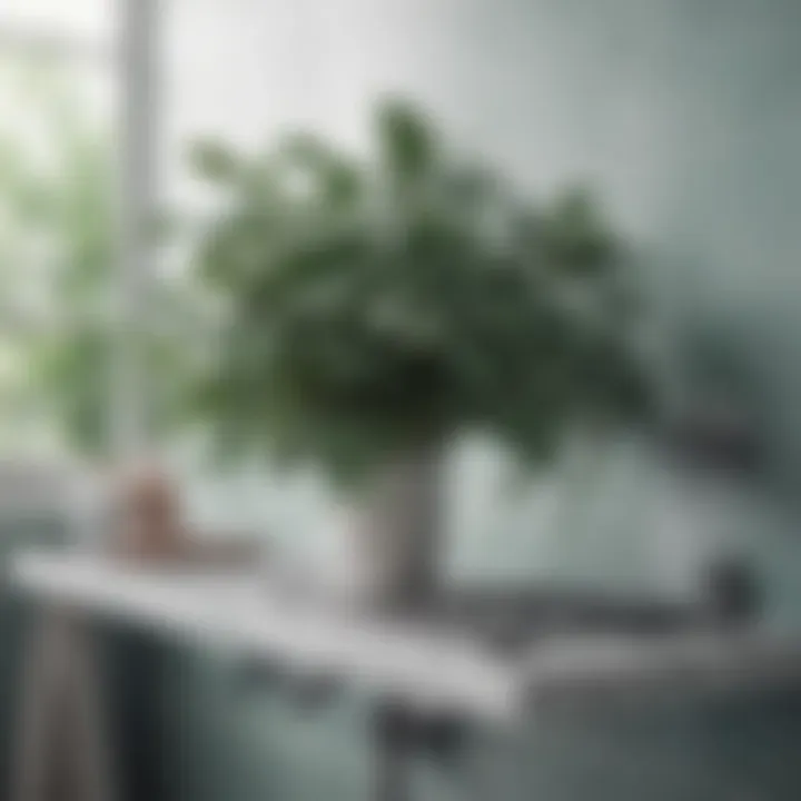 Elegant shower shelf displaying eucalyptus plants and accessories.