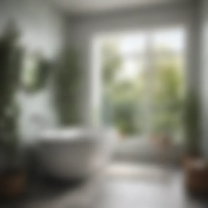 Serene bathroom environment with eucalyptus and natural light.