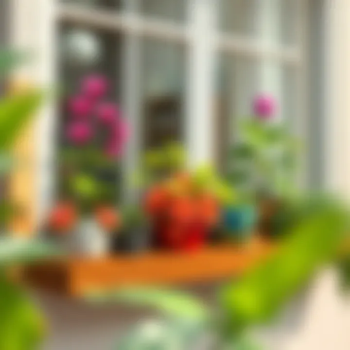 Close-up of vibrant plants thriving on a window shelf