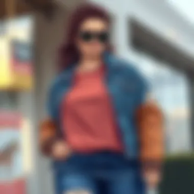A stylish plus size individual showcasing a layered outfit with a ripped jean jacket