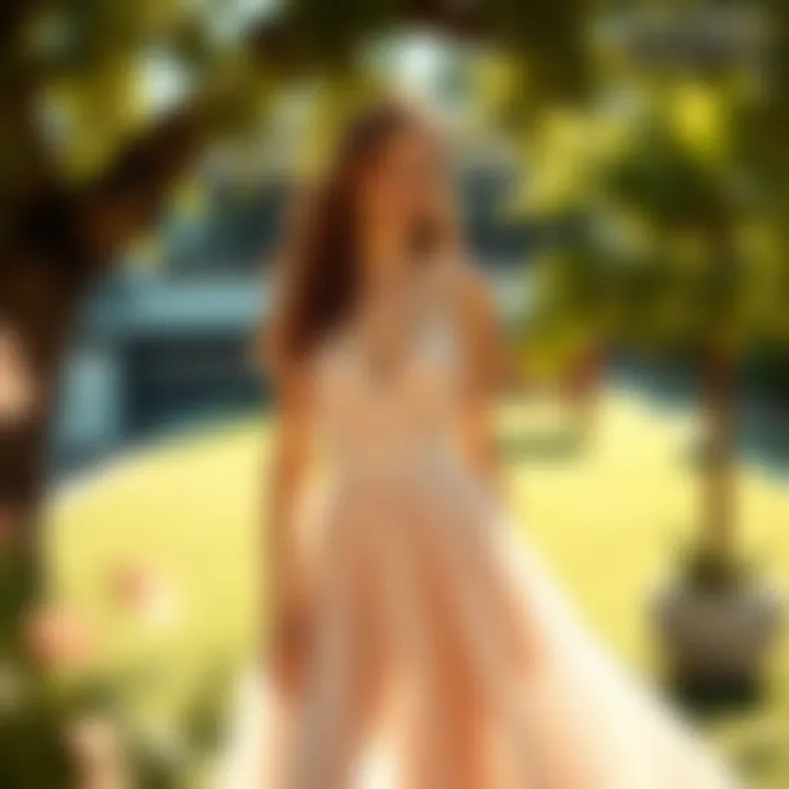 A serene outdoor setting highlighting a model in a stunning occasion dress