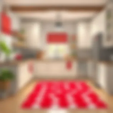A stylish kitchen featuring a red and white polka dot rug that complements the decor