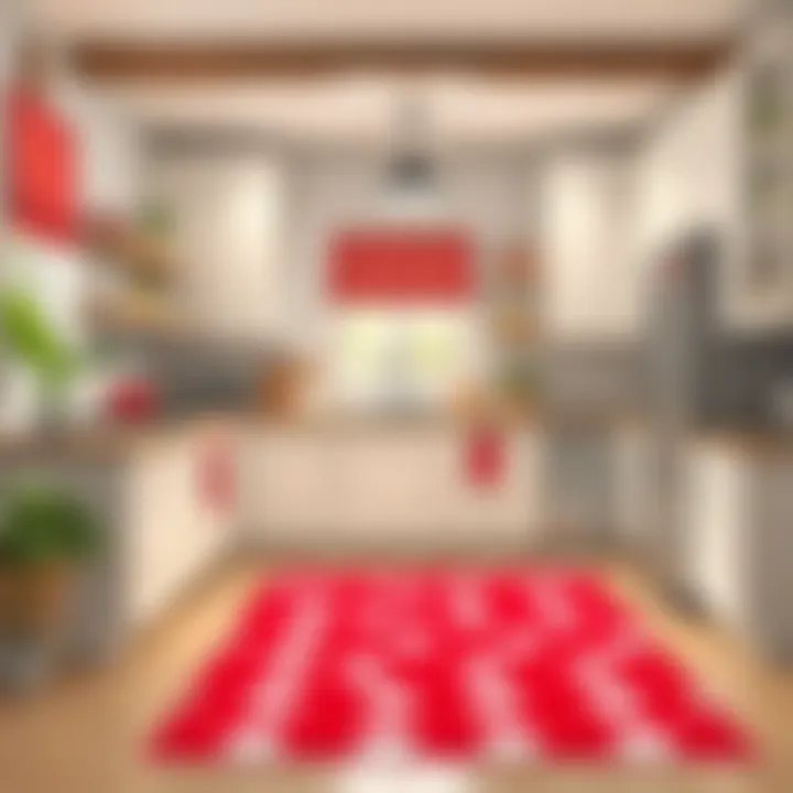A stylish kitchen featuring a red and white polka dot rug that complements the decor