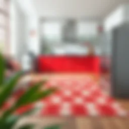A beautifully designed red and white polka dot kitchen rug placed in a modern kitchen setting