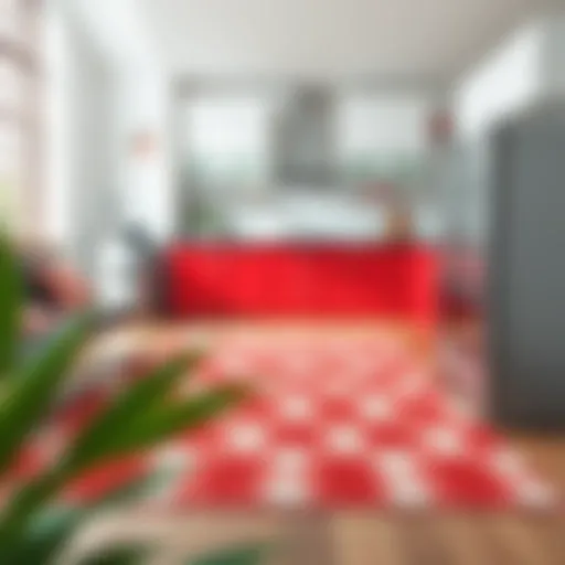 A beautifully designed red and white polka dot kitchen rug placed in a modern kitchen setting