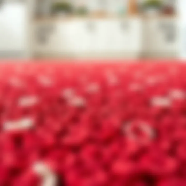 Close-up view showcasing the intricate texture of a red and white polka dot kitchen rug