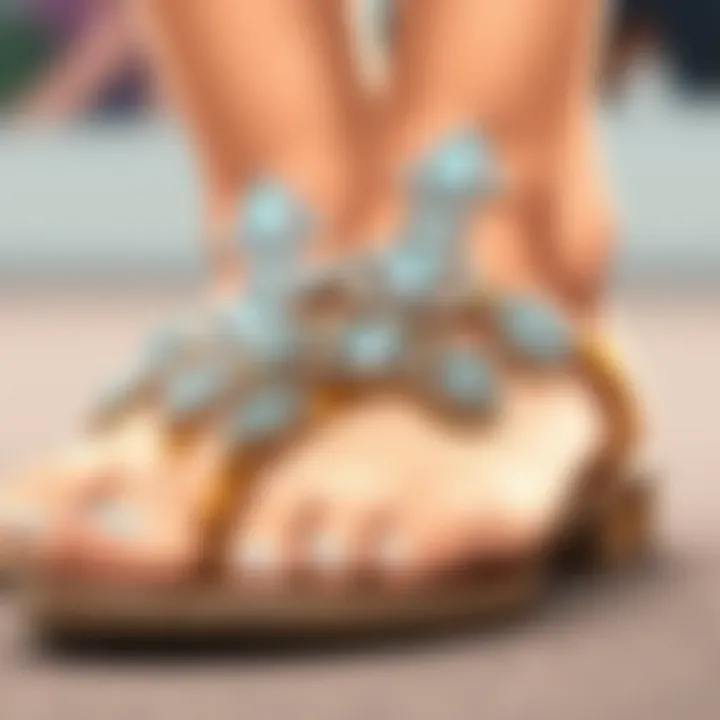 Close-up of intricate rhinestone detailing on sandals.