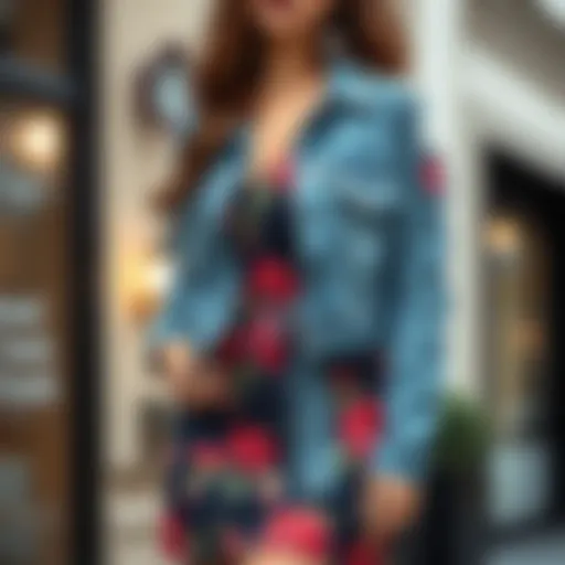 Trendy ripped jean jacket styled with a floral dress