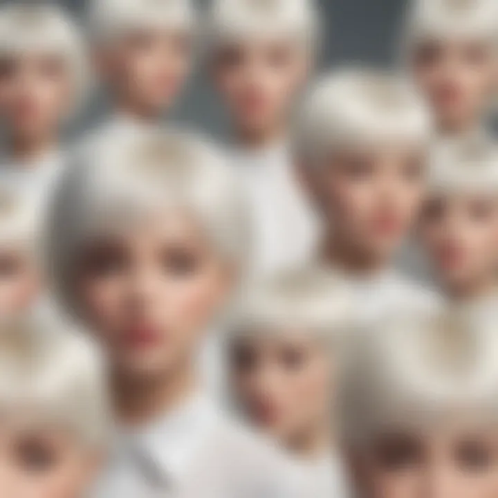 Diverse styling options for short white wigs with bangs displayed