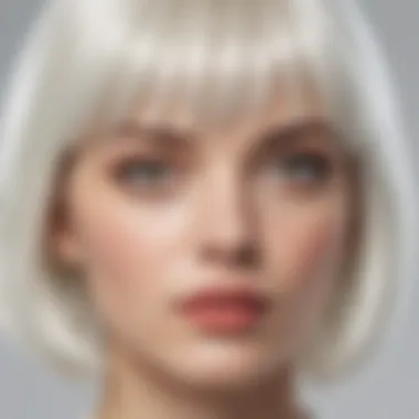 Close-up view of the texture of a short white wig with bangs