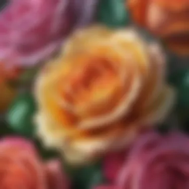 Close-up of silk rainbow roses showcasing intricate details and textures