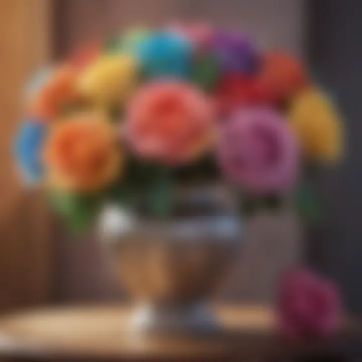 Vibrantly colored silk rainbow roses arranged in a decorative vase