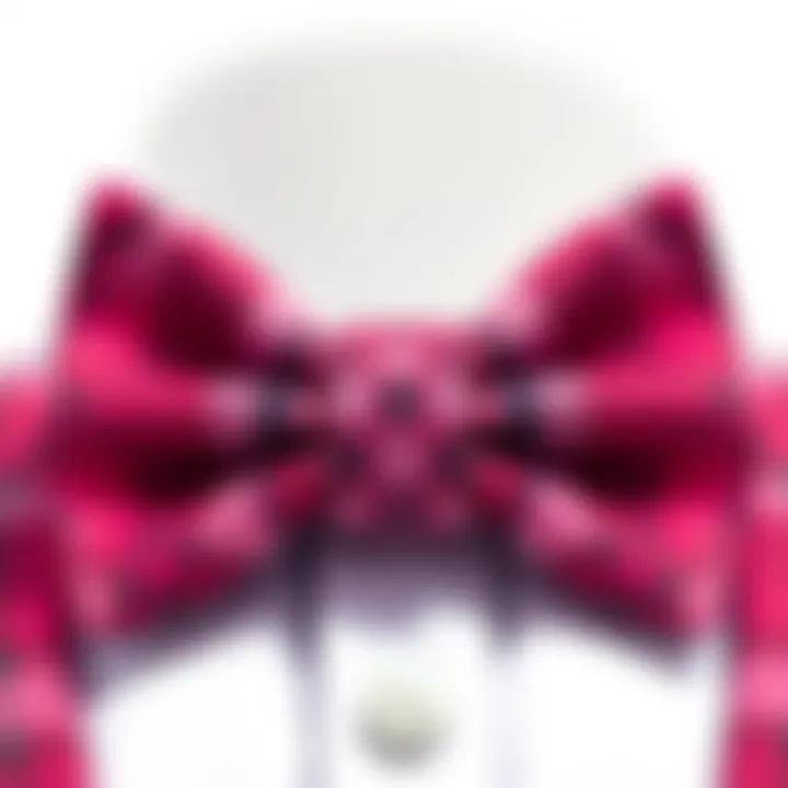 Close-up of the intricate design of a pink plaid bow tie