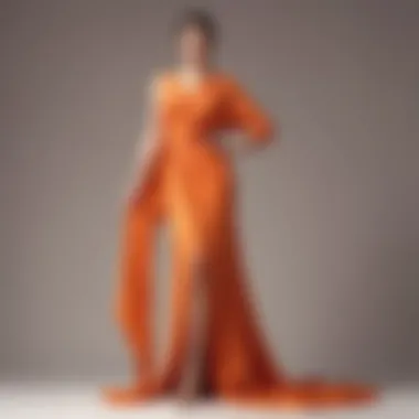 Elegant display of orange modest dress draped elegantly on a mannequin