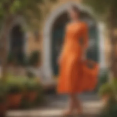 A stylish outdoor setting featuring a model wearing an orange modest dress, exuding grace