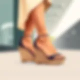 Elegant open toe nude wedges paired with a stylish dress