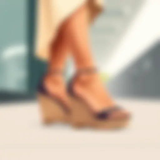 Elegant open toe nude wedges paired with a stylish dress