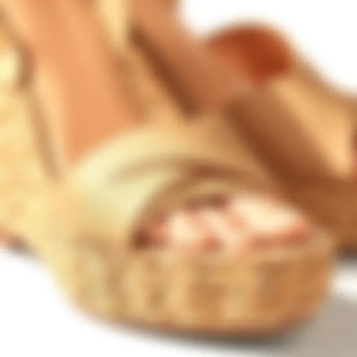 Close-up of the texture and materials of nude wedge sandals